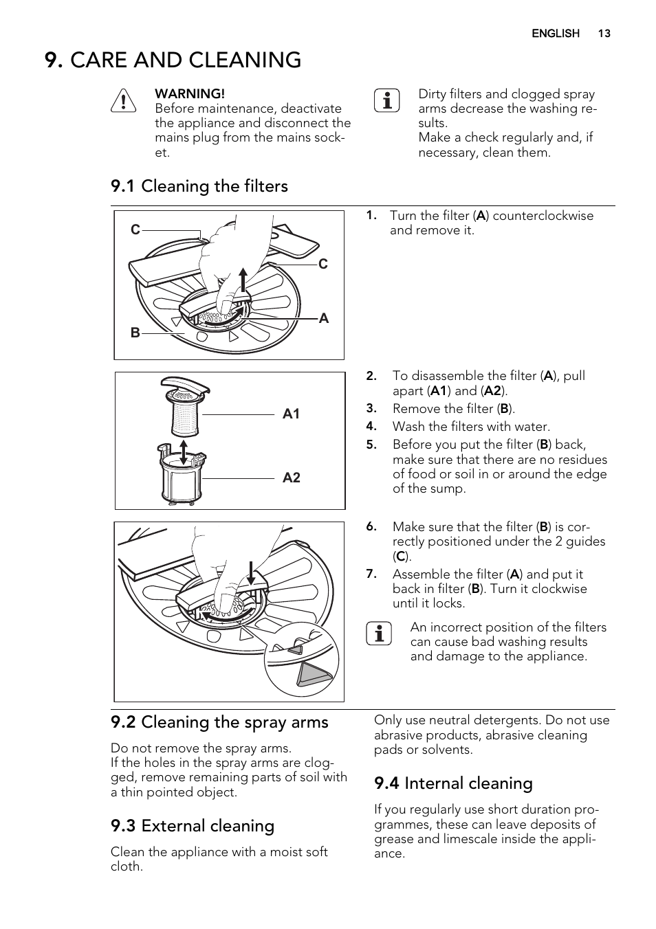 Care and cleaning, 1 cleaning the filters, 2 cleaning the spray arms | 3 external cleaning, 4 internal cleaning | AEG F78400VI0P User Manual | Page 13 / 20
