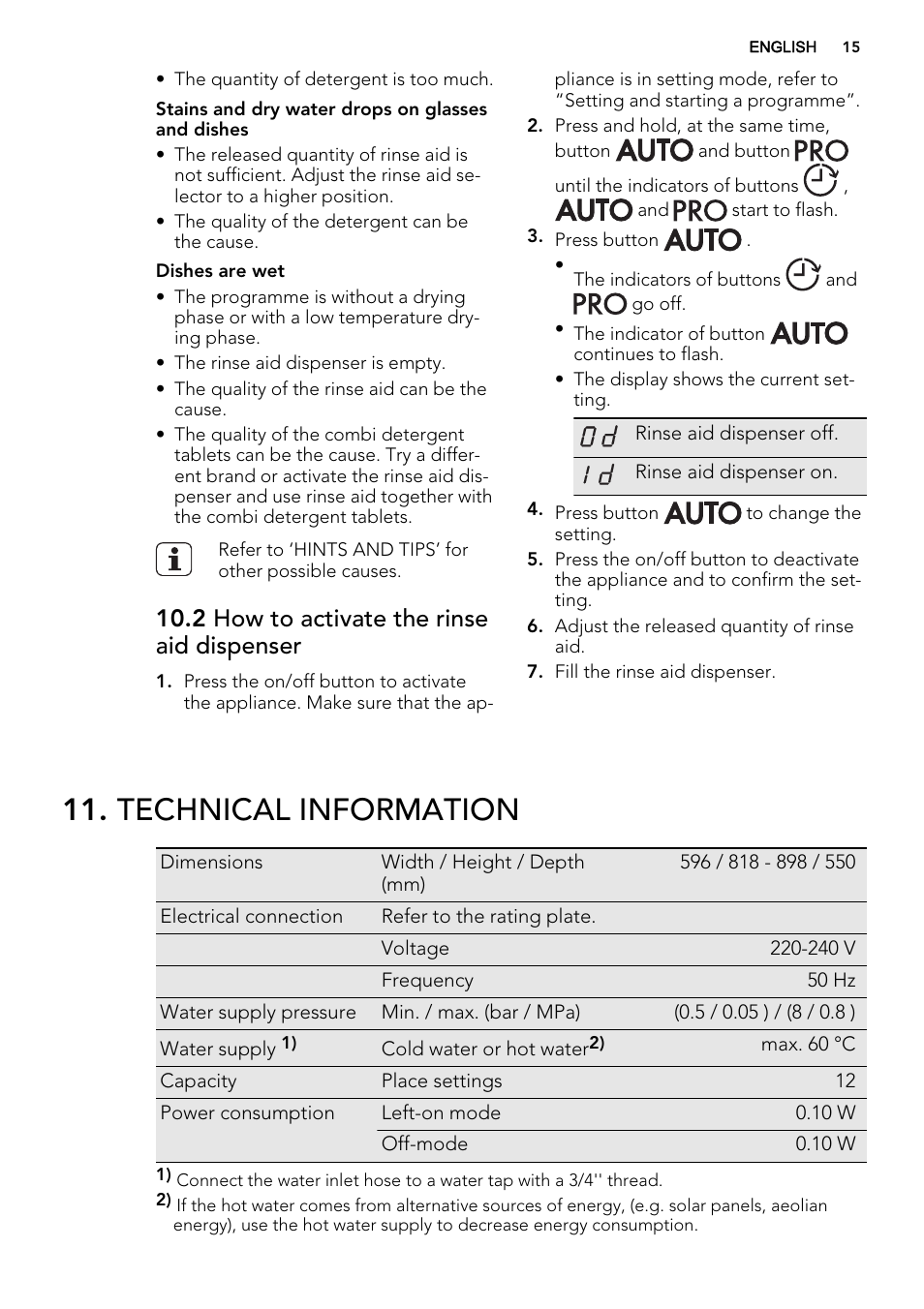 Technical information, 2 how to activate the rinse aid dispenser | AEG F78400VI0P User Manual | Page 15 / 20