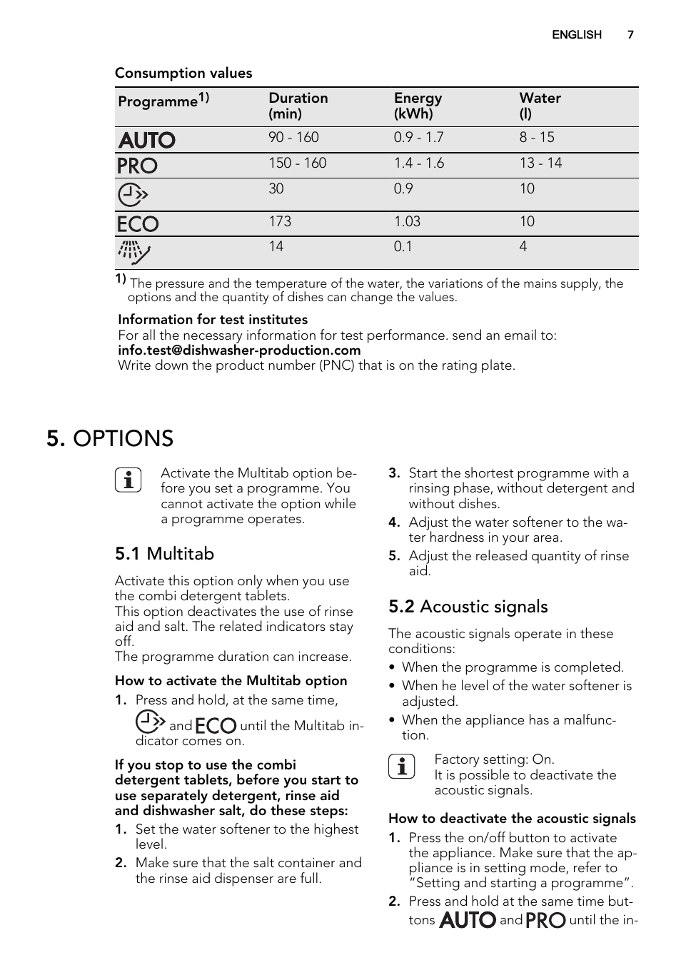 Options, 1 multitab, 2 acoustic signals | AEG F78400VI0P User Manual | Page 7 / 20