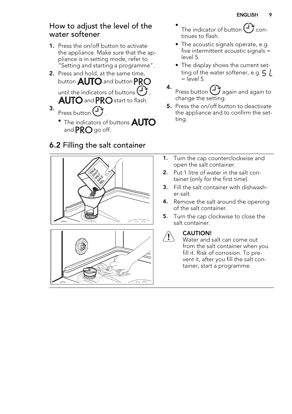 How to adjust the level of the water softener, 2 filling the salt container | AEG F78400VI0P User Manual | Page 9 / 20
