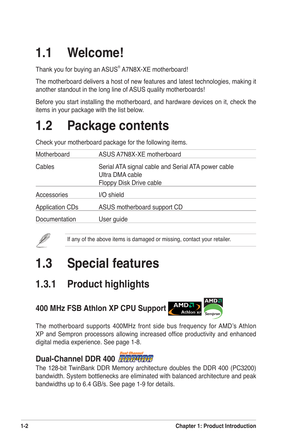 3 special features, 1 welcome, 2 package contents | 1 product highlights | Asus A7N8X-XE User Manual | Page 12 / 67