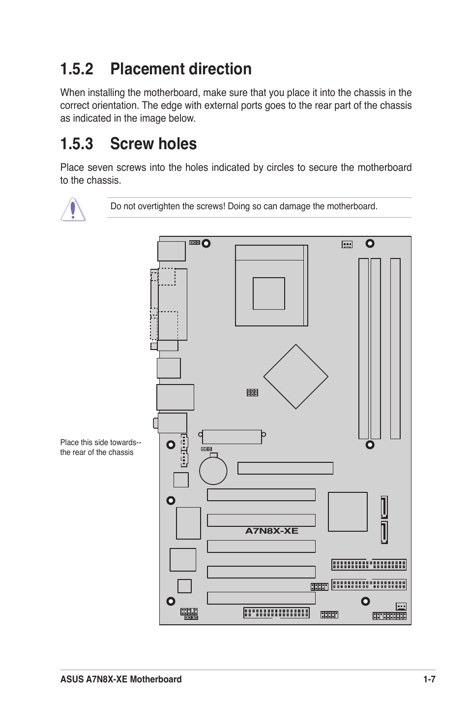 2 placement direction, 3 screw holes | Asus A7N8X-XE User Manual | Page 17 / 67