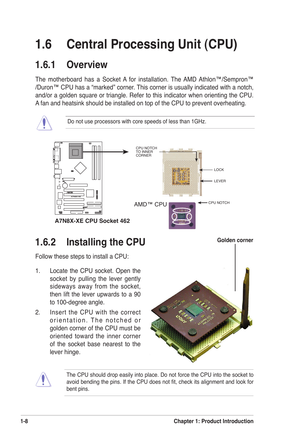 6 central processing unit (cpu), 1 overview, 2 installing the cpu | Asus A7N8X-XE User Manual | Page 18 / 67