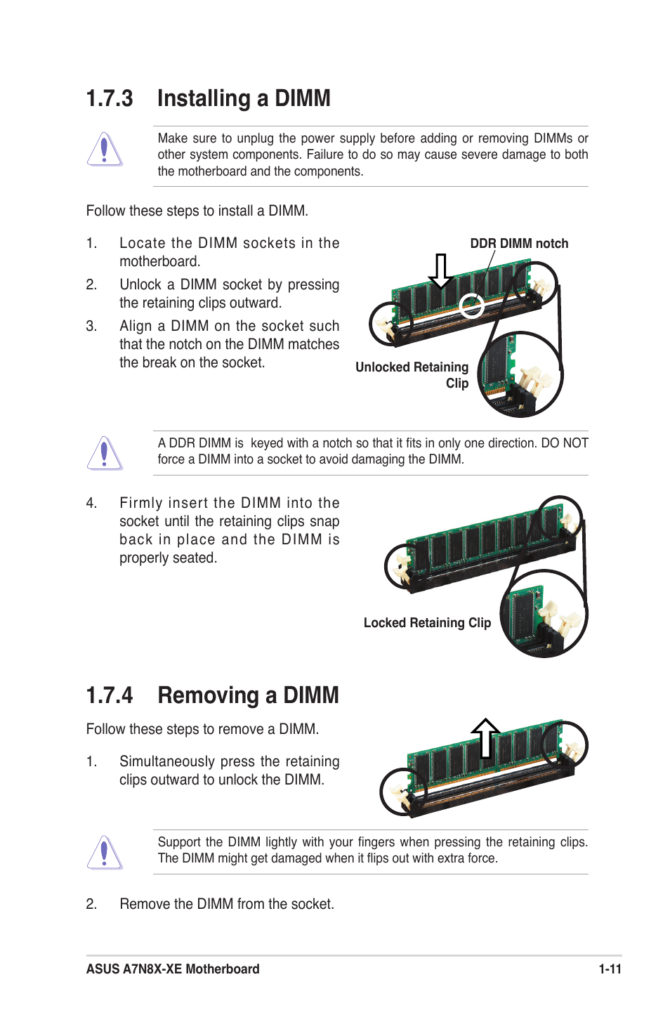 3 installing a dimm, 4 removing a dimm | Asus A7N8X-XE User Manual | Page 21 / 67