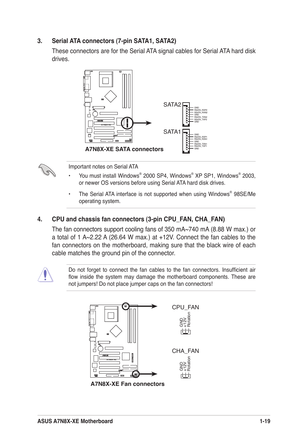 Xp sp1, windows, A7n8x-xe sata connectors sata1 sata2, A7n8x-xe fan connectors cpu_fan cha_fan | Asus A7N8X-XE User Manual | Page 29 / 67