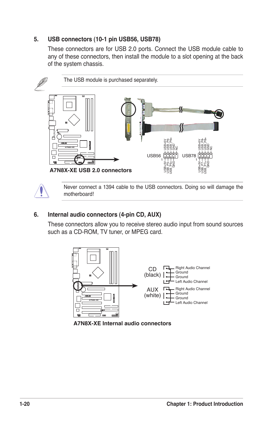 20 chapter 1: product introduction, A7n8x-xe usb 2.0 connectors | Asus A7N8X-XE User Manual | Page 30 / 67