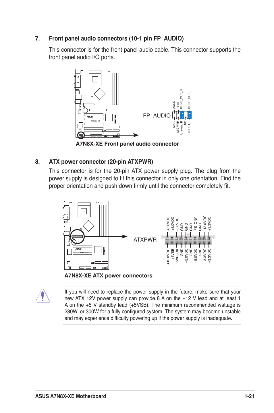 A7n8x-xe front panel audio connector fp_audio, A7n8x-xe atx power connectors atxpwr | Asus A7N8X-XE User Manual | Page 31 / 67