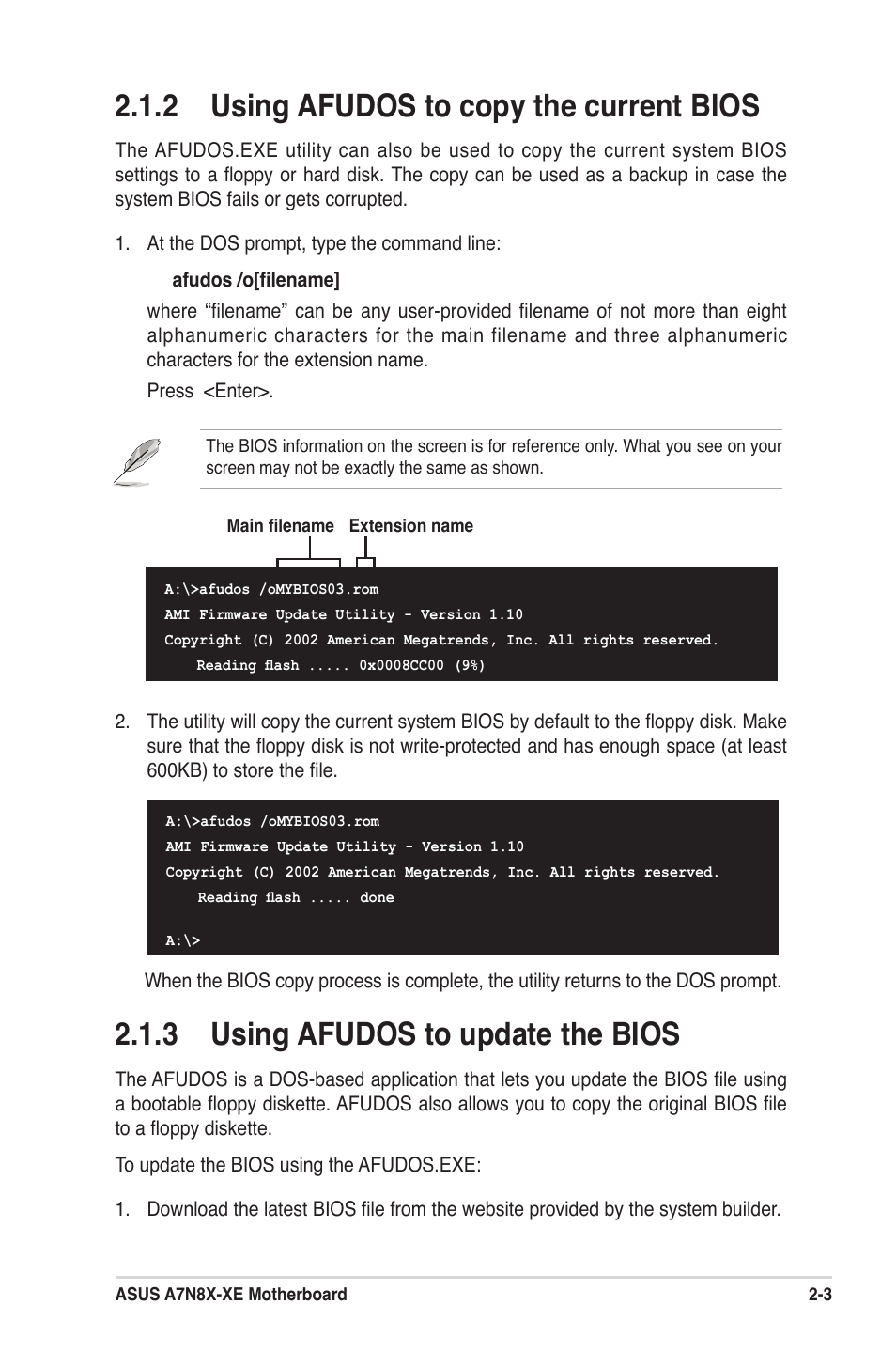 2 using afudos to copy the current bios, 3 using afudos to update the bios | Asus A7N8X-XE User Manual | Page 35 / 67