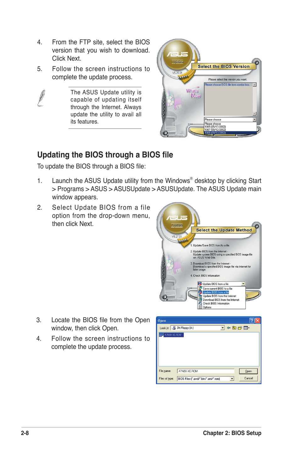 Updating the bios through a bios ﬁle | Asus A7N8X-XE User Manual | Page 40 / 67