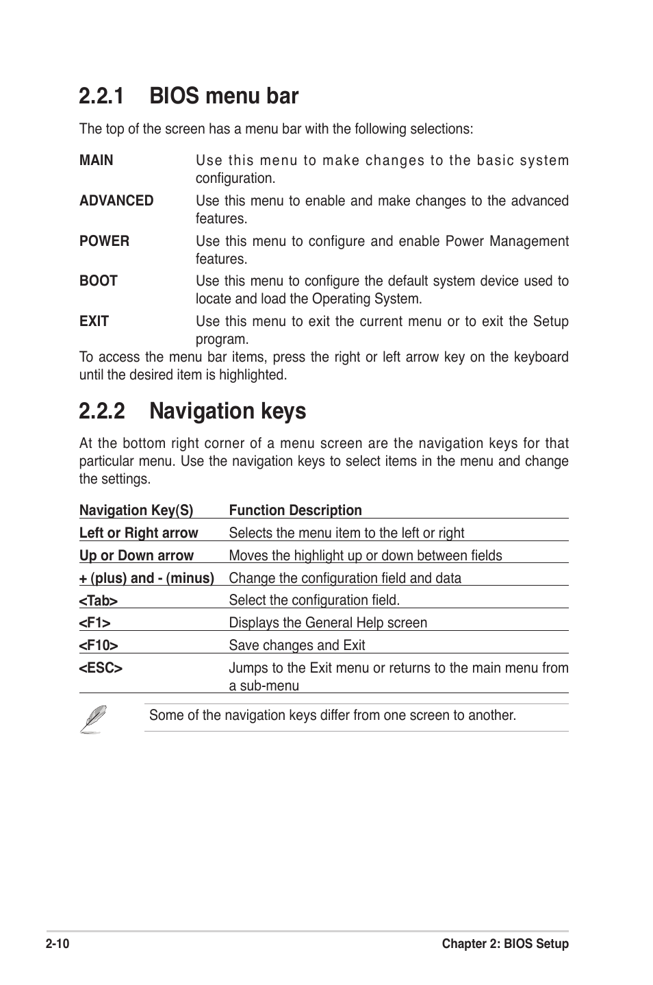 1 bios menu bar, 2 navigation keys | Asus A7N8X-XE User Manual | Page 42 / 67