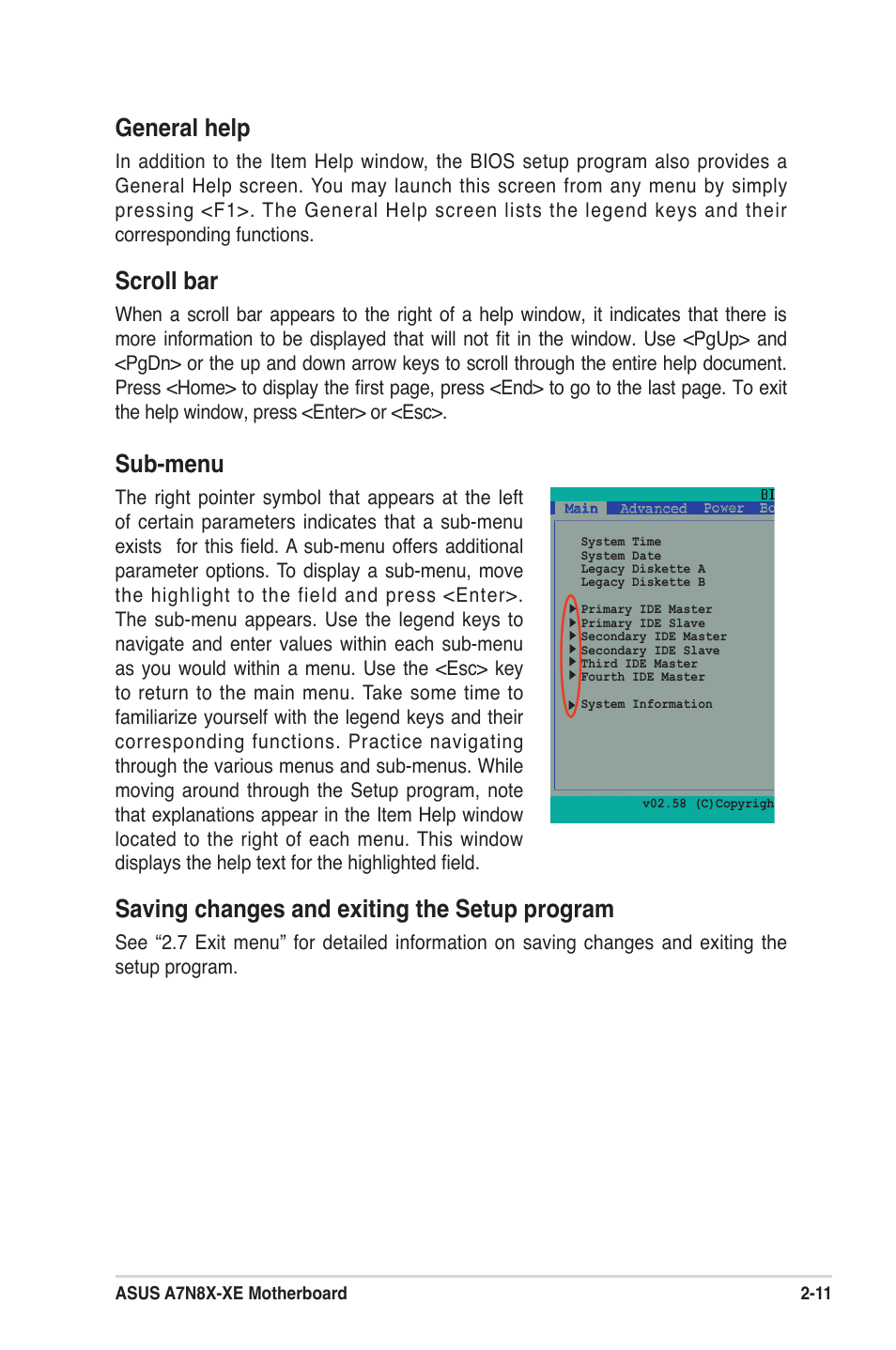 Sub-menu, Saving changes and exiting the setup program, General help | Scroll bar | Asus A7N8X-XE User Manual | Page 43 / 67