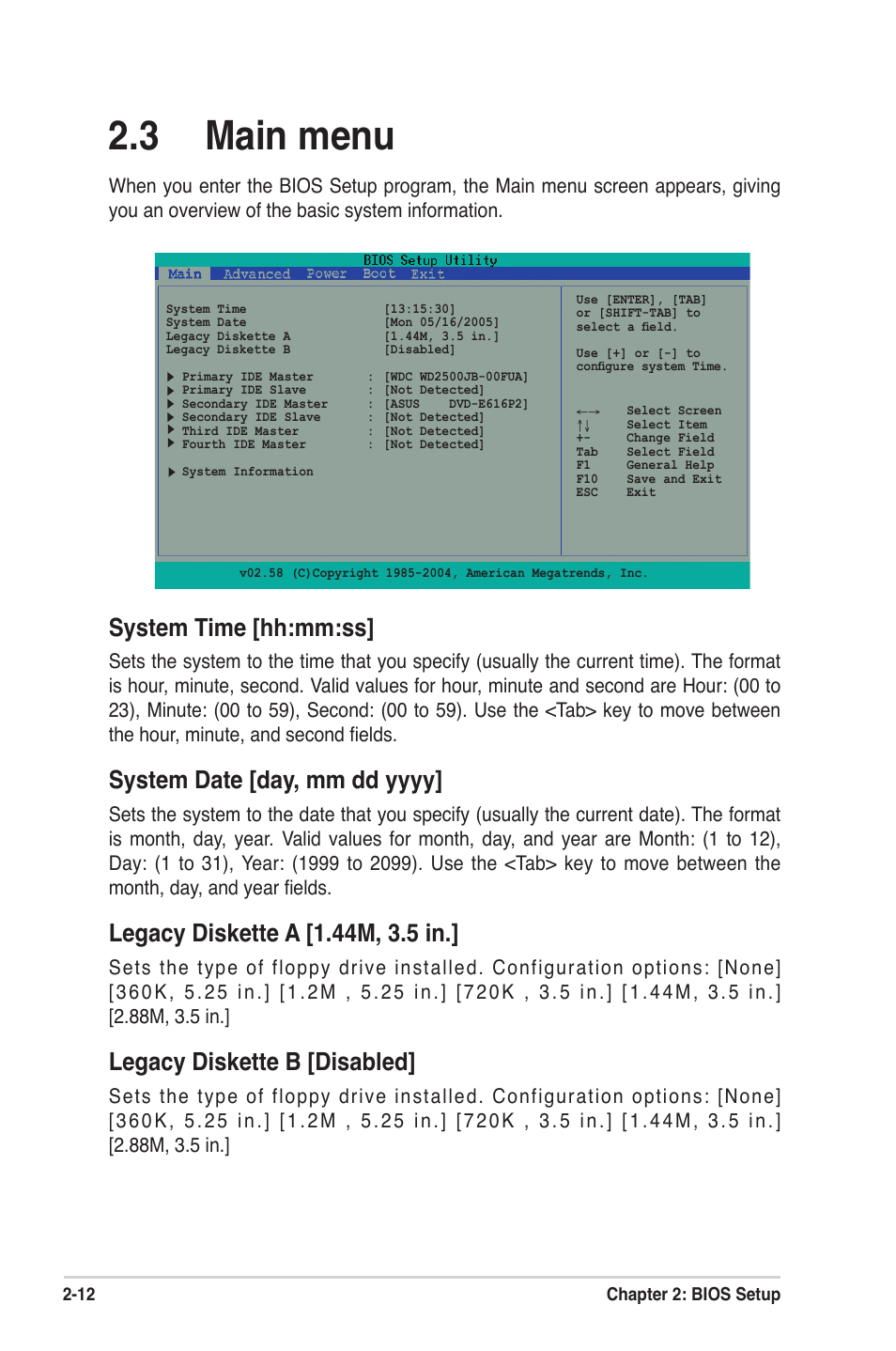 3 main menu, System time [hh:mm:ss, Legacy diskette b [disabled | Asus A7N8X-XE User Manual | Page 44 / 67