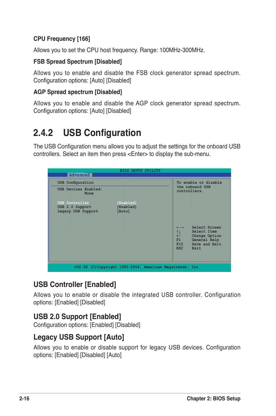 2 usb conﬁguration, Usb controller [enabled, Usb 2.0 support [enabled | Legacy usb support [auto, Conﬁguration options: [enabled] [disabled | Asus A7N8X-XE User Manual | Page 48 / 67