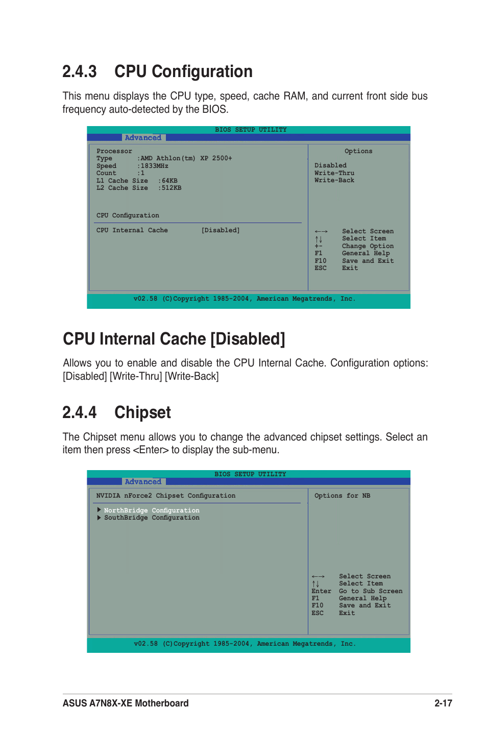 3 cpu conﬁguration, Cpu internal cache [disabled, 4 chipset | Asus A7N8X-XE User Manual | Page 49 / 67