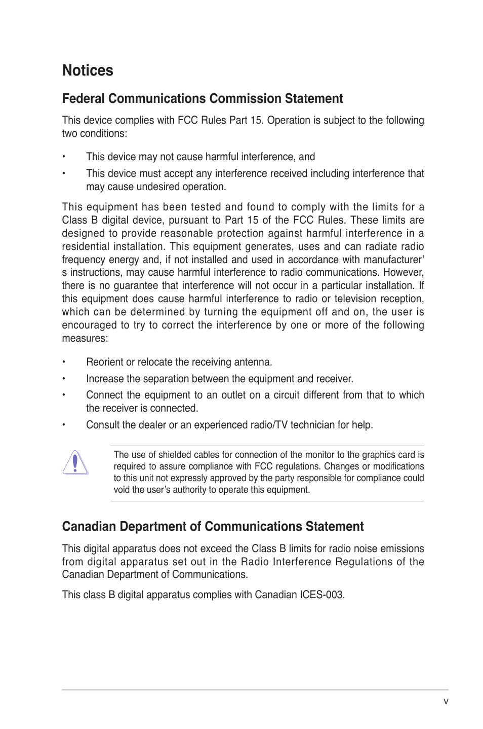 Notices, Canadian department of communications statement, Federal communications commission statement | Asus A7N8X-XE User Manual | Page 5 / 67