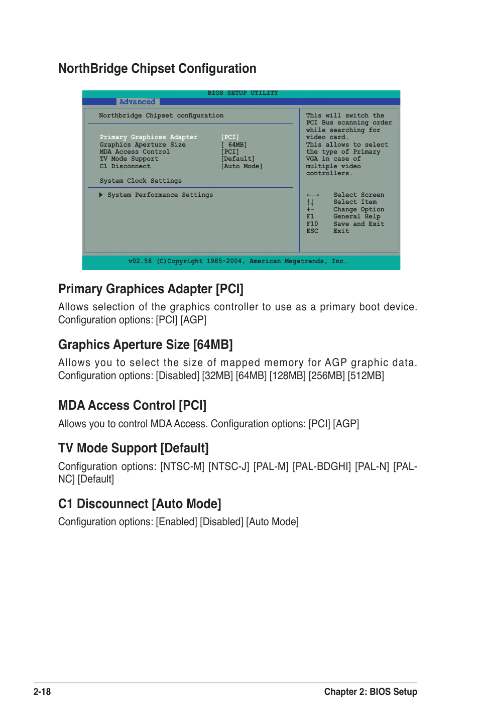 Northbridge chipset conﬁguration, Primary graphices adapter [pci, Graphics aperture size [64mb | Mda access control [pci, Tv mode support [default, C1 discounnect [auto mode | Asus A7N8X-XE User Manual | Page 50 / 67