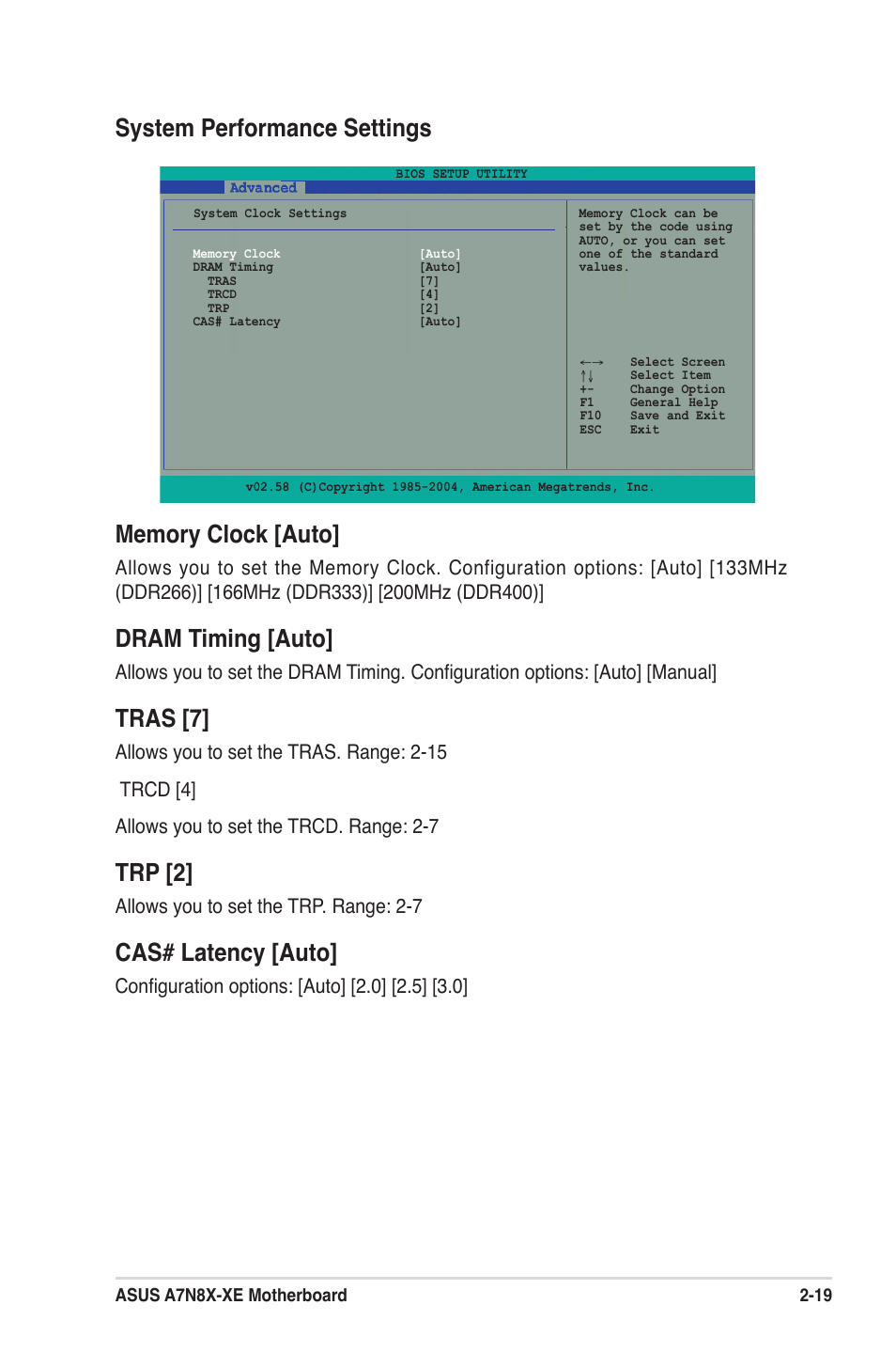 Dram timing [auto, Tras [7, Trp [2 | Cas# latency [auto, System performance settings, Allows you to set the trp. range: 2-7 | Asus A7N8X-XE User Manual | Page 51 / 67