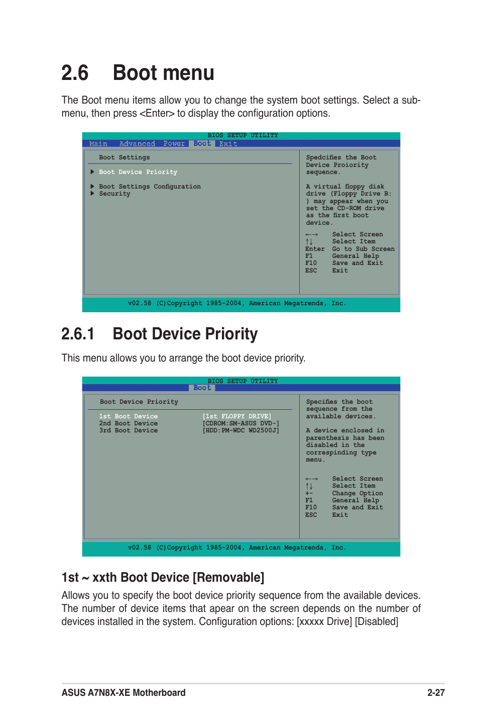 6 boot menu, 1 boot device priority, 1st ~ xxth boot device [removable | Asus A7N8X-XE User Manual | Page 59 / 67