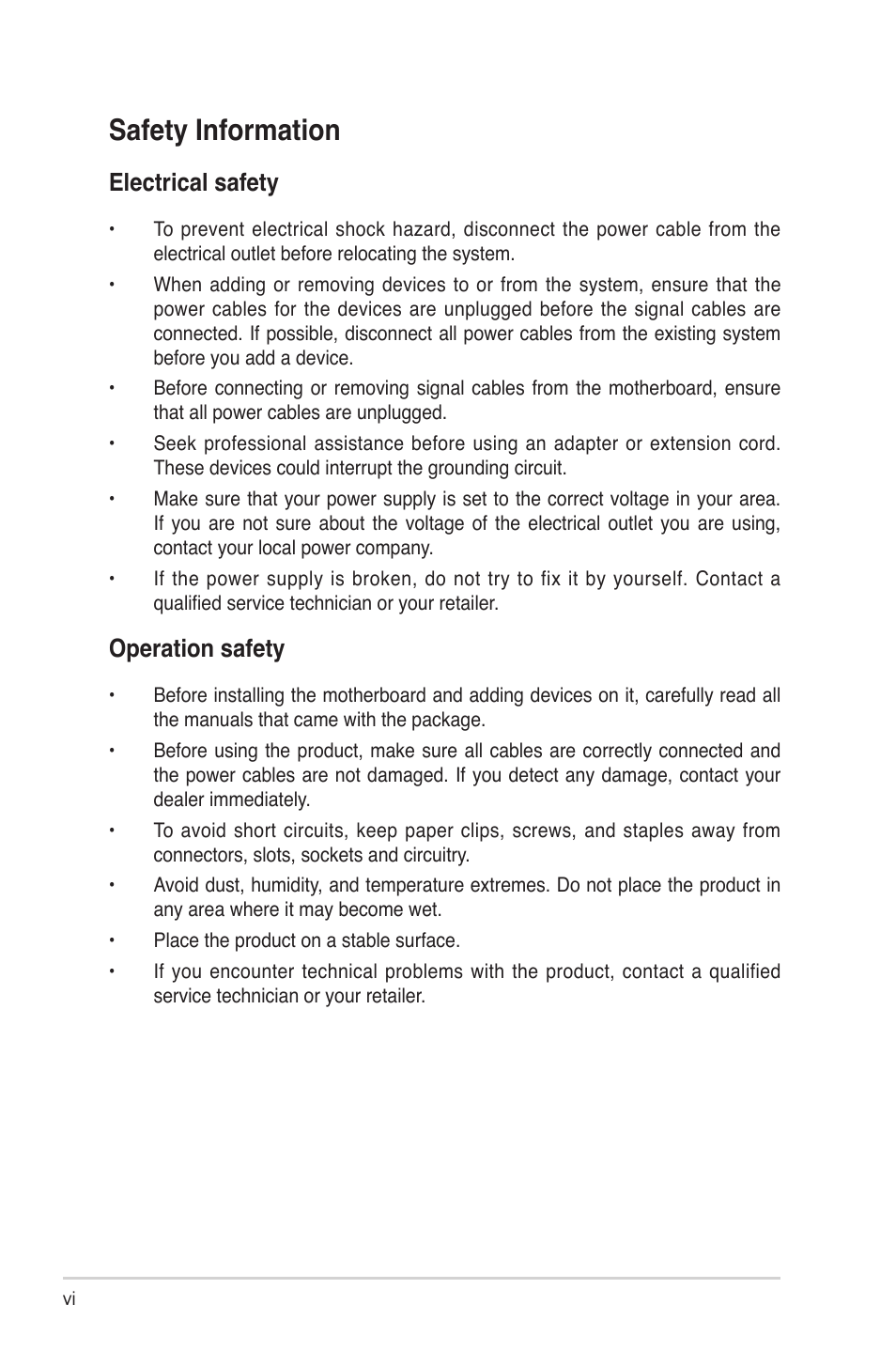 Safety information, Electrical safety, Operation safety | Asus A7N8X-XE User Manual | Page 6 / 67