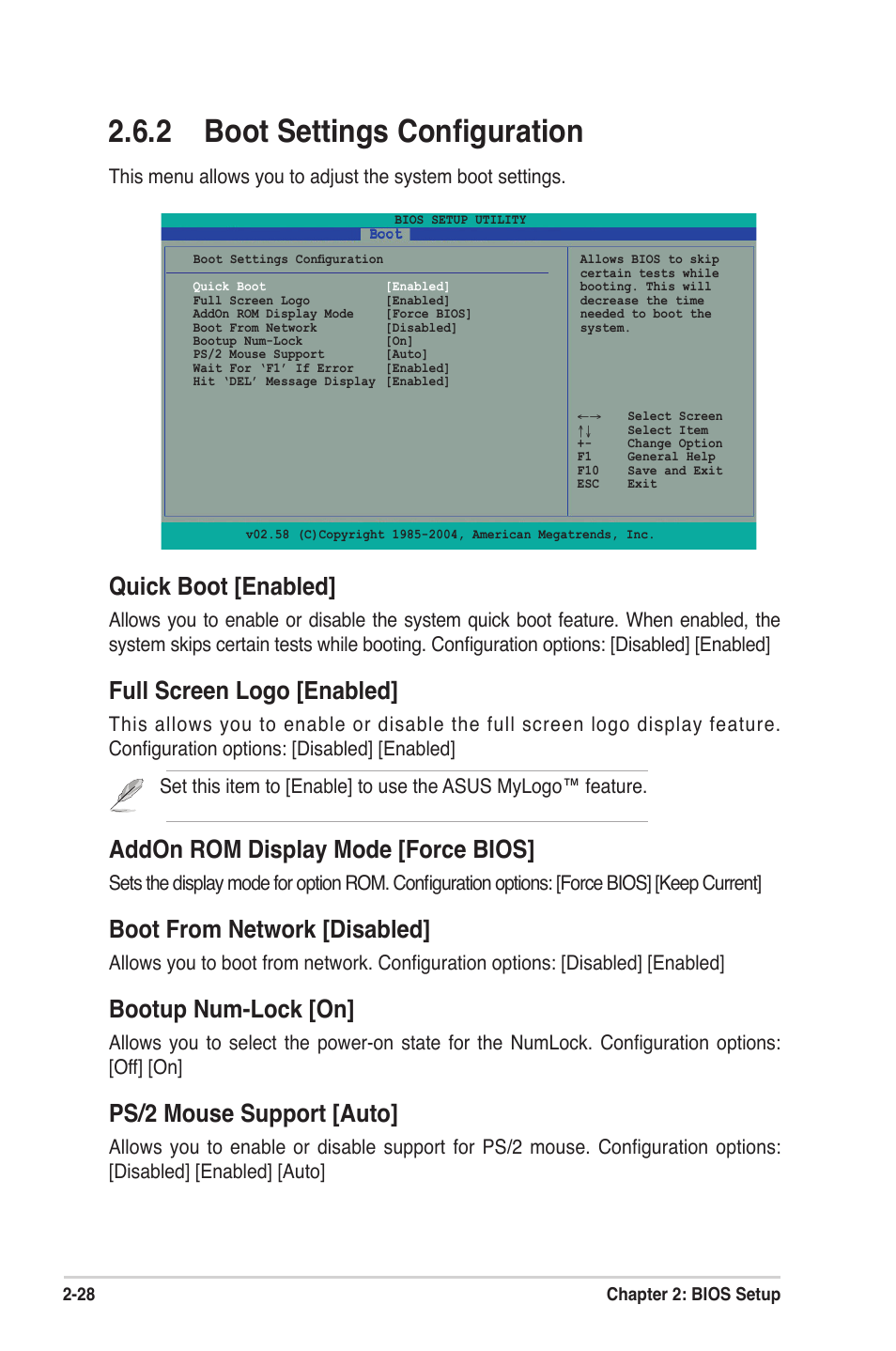 2 boot settings conﬁguration, Quick boot [enabled, Full screen logo [enabled | Addon rom display mode [force bios, Boot from network [disabled, Bootup num-lock [on, Ps/2 mouse support [auto | Asus A7N8X-XE User Manual | Page 60 / 67