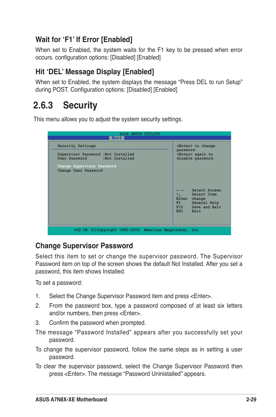 3 security, Wait for ʻf1ʼ if error [enabled, Hit ʻdelʼ message display [enabled | Change supervisor password | Asus A7N8X-XE User Manual | Page 61 / 67