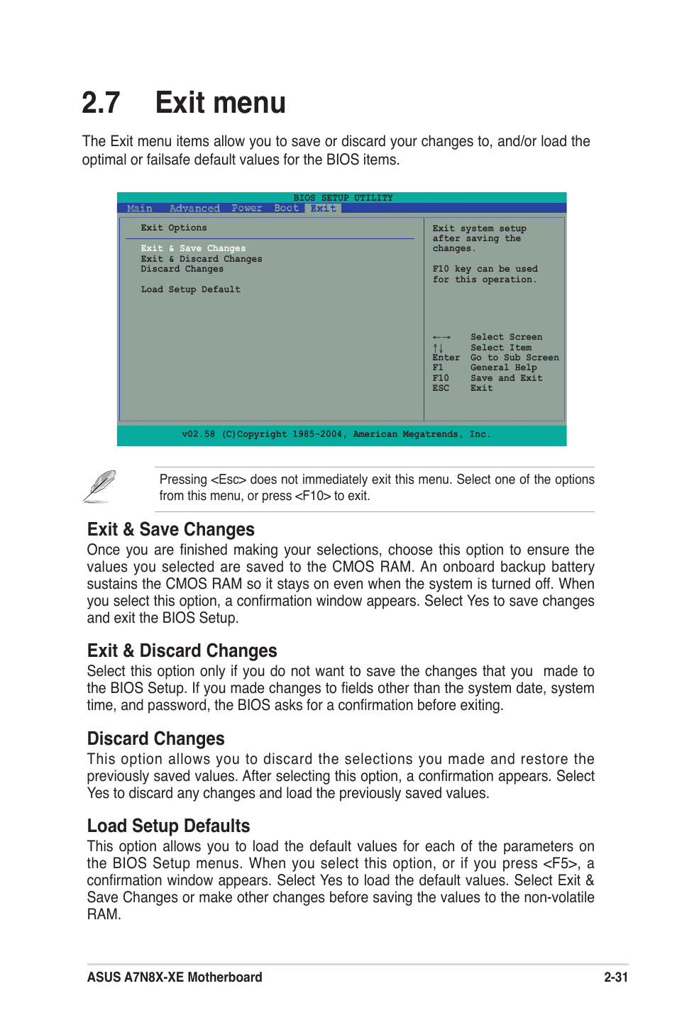 7 exit menu, Exit & save changes, Exit & discard changes | Discard changes, Load setup defaults | Asus A7N8X-XE User Manual | Page 63 / 67