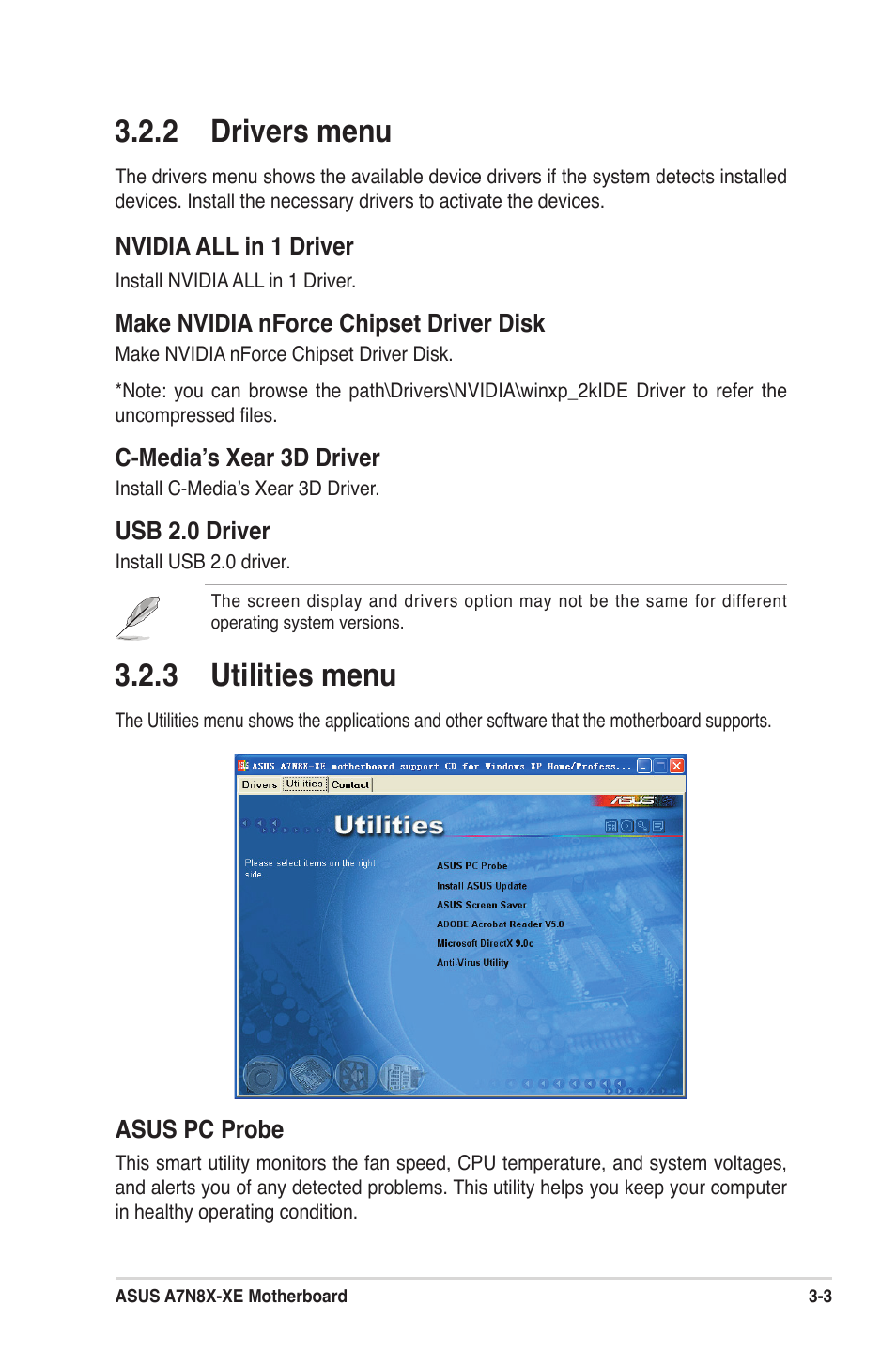 2 drivers menu, 3 utilities menu | Asus A7N8X-XE User Manual | Page 66 / 67