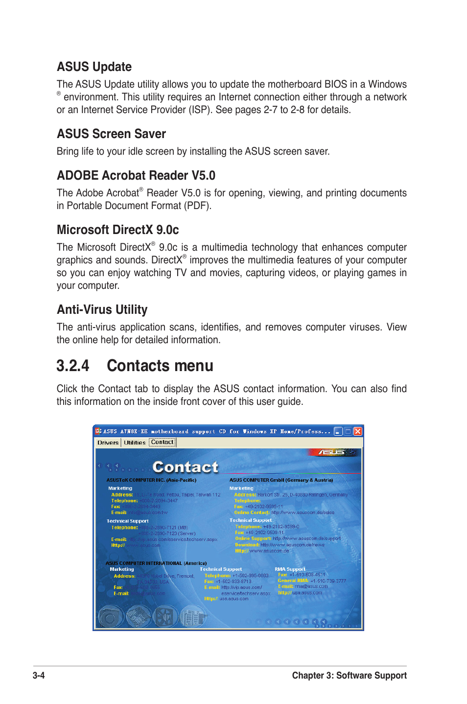 4 contacts menu, Asus update, Asus screen saver | Adobe acrobat reader v5.0, Microsoft directx 9.0c, Anti-virus utility | Asus A7N8X-XE User Manual | Page 67 / 67