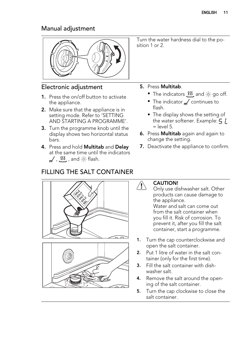 Manual adjustment, Electronic adjustment, Filling the salt container | AEG F77012M0P User Manual | Page 11 / 24