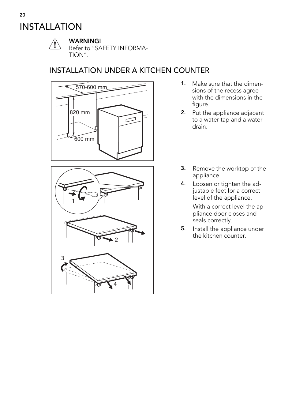 Installation, Installation under a kitchen counter | AEG F77012M0P User Manual | Page 20 / 24