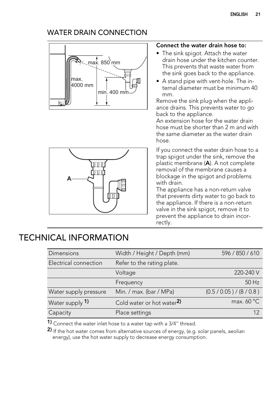 Technical information, Water drain connection | AEG F77012M0P User Manual | Page 21 / 24