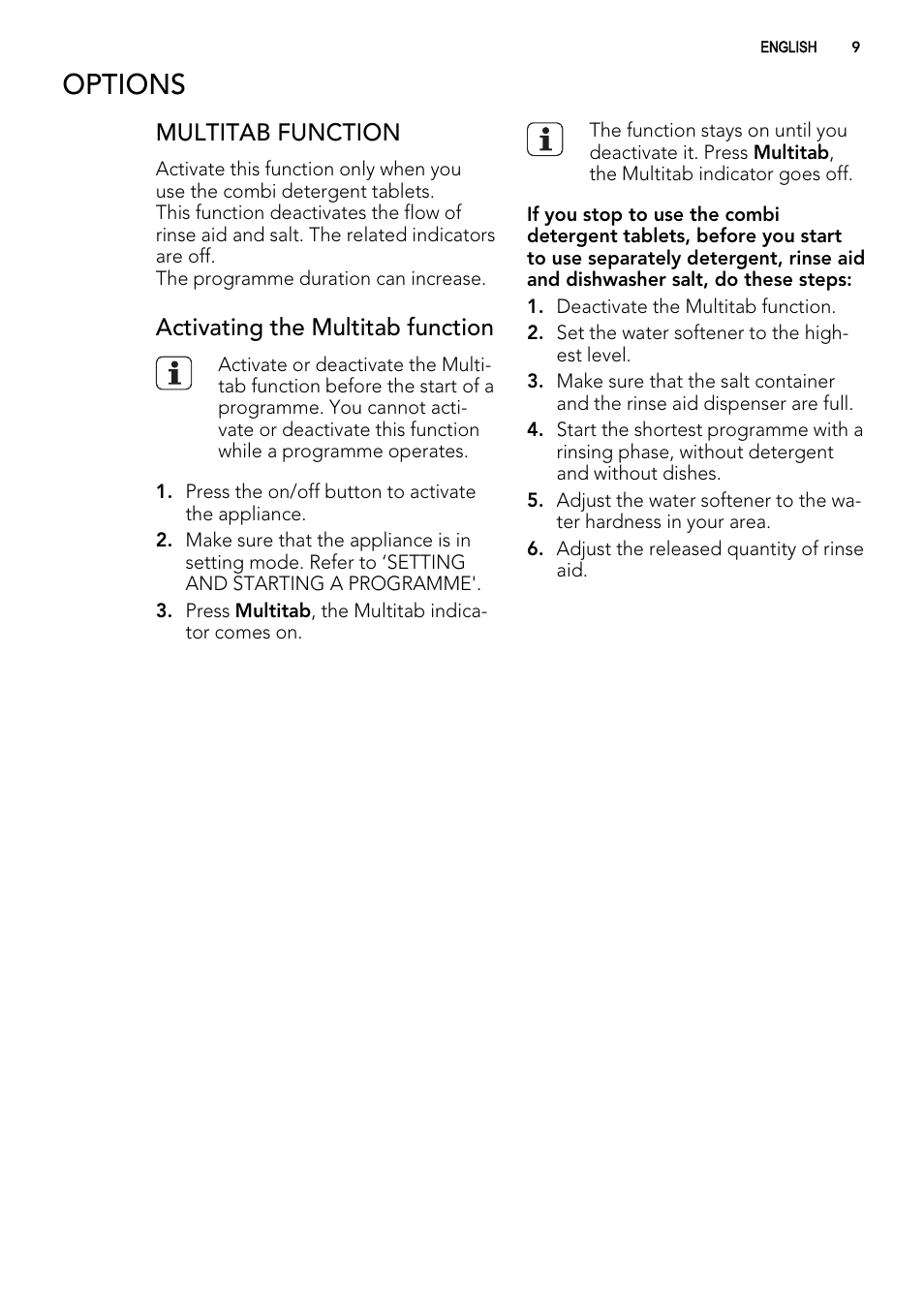 Options, Multitab function, Activating the multitab function | AEG F77012M0P User Manual | Page 9 / 24