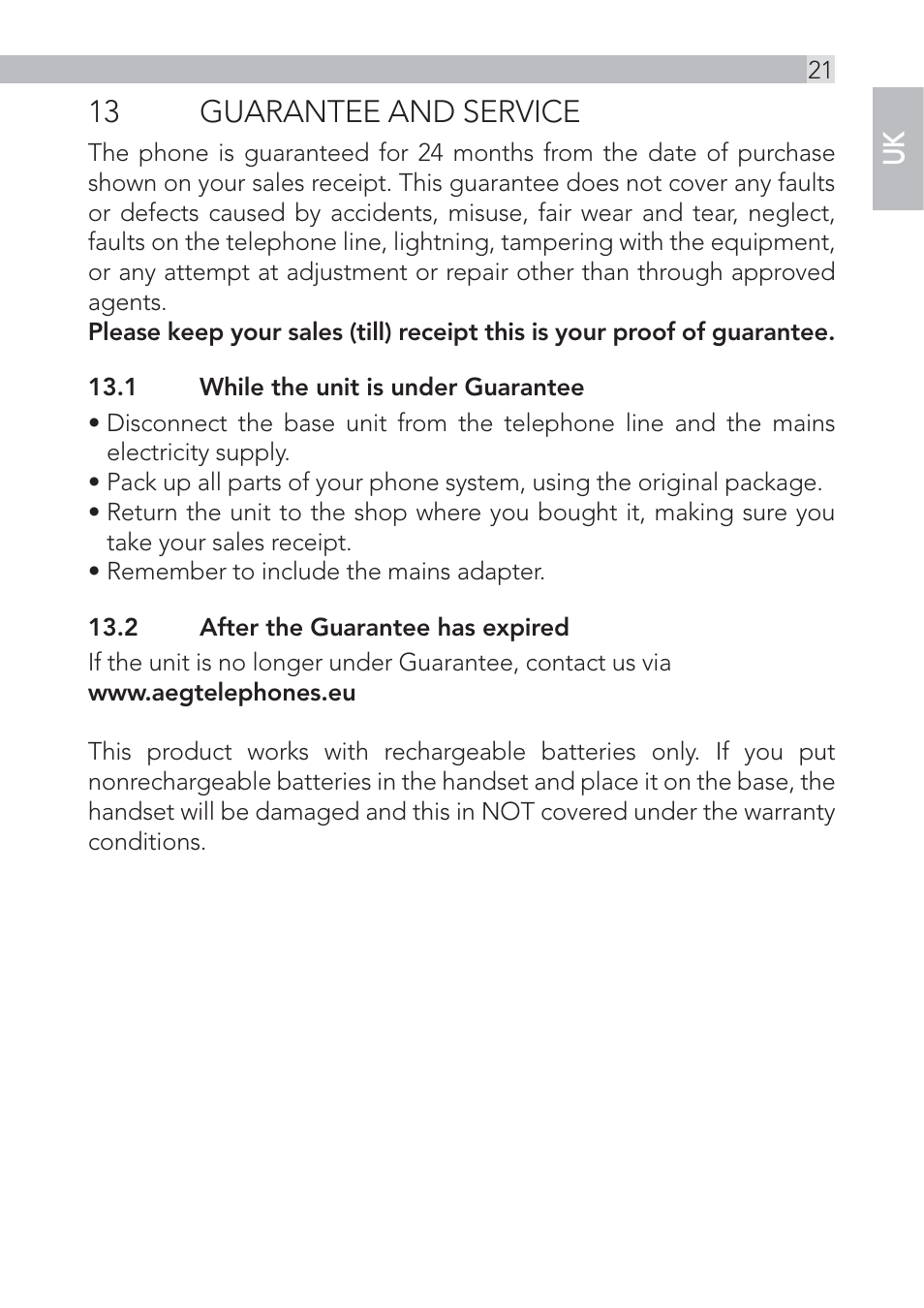 13 guarantee and service | AEG Voxtel D500 - d550bt User Manual | Page 21 / 100