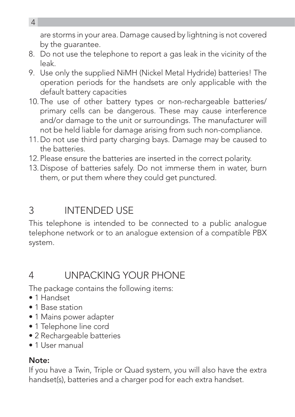 3 intended use, 4unpacking your phone | AEG Voxtel D500 - d550bt User Manual | Page 4 / 100