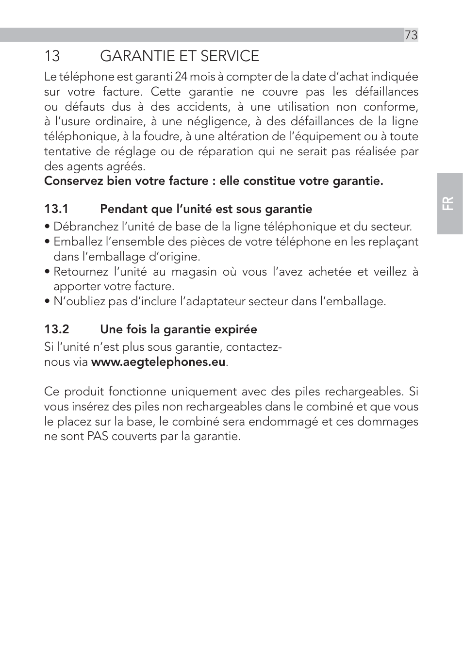 13 garantie et service | AEG Voxtel D500 - d550bt User Manual | Page 73 / 100