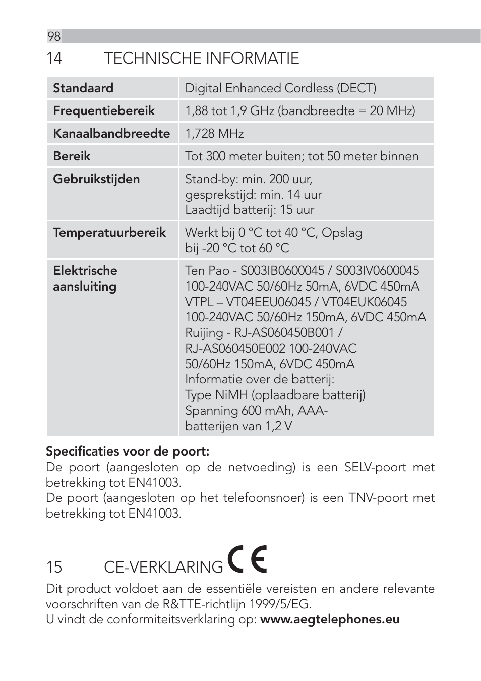 14 technische informatie, 15 ce-verklaring | AEG Voxtel D500 - d550bt User Manual | Page 98 / 100