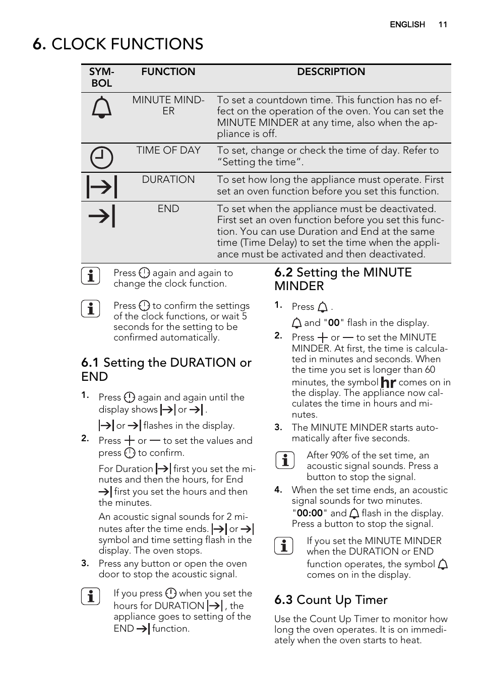 Clock functions, 1 setting the duration or end, 2 setting the minute minder | 3 count up timer | AEG BE5304001M User Manual | Page 11 / 40