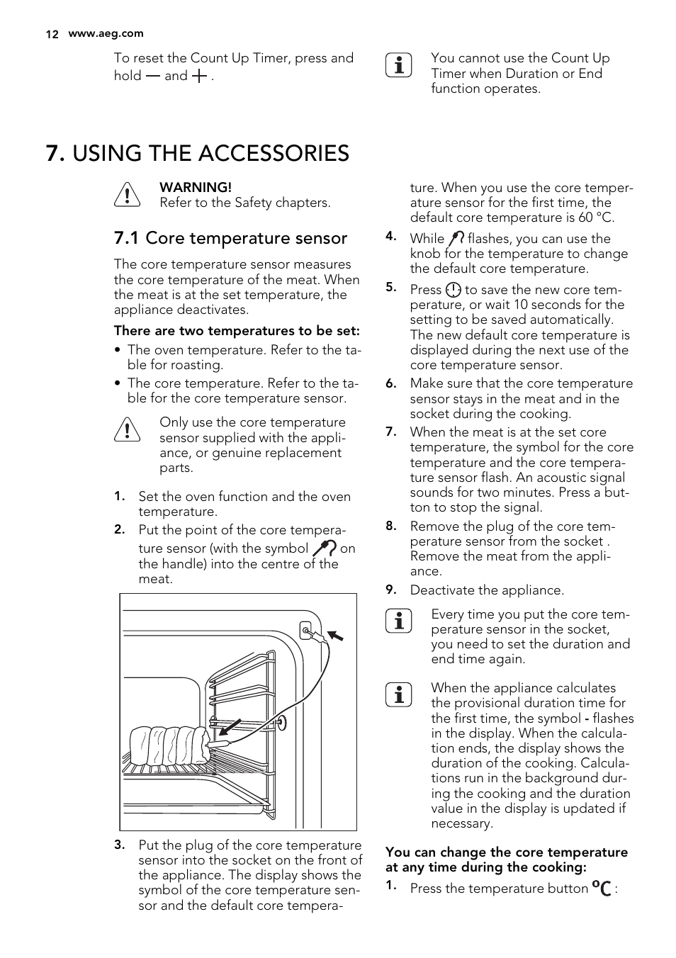 Using the accessories, 1 core temperature sensor | AEG BE5304001M User Manual | Page 12 / 40