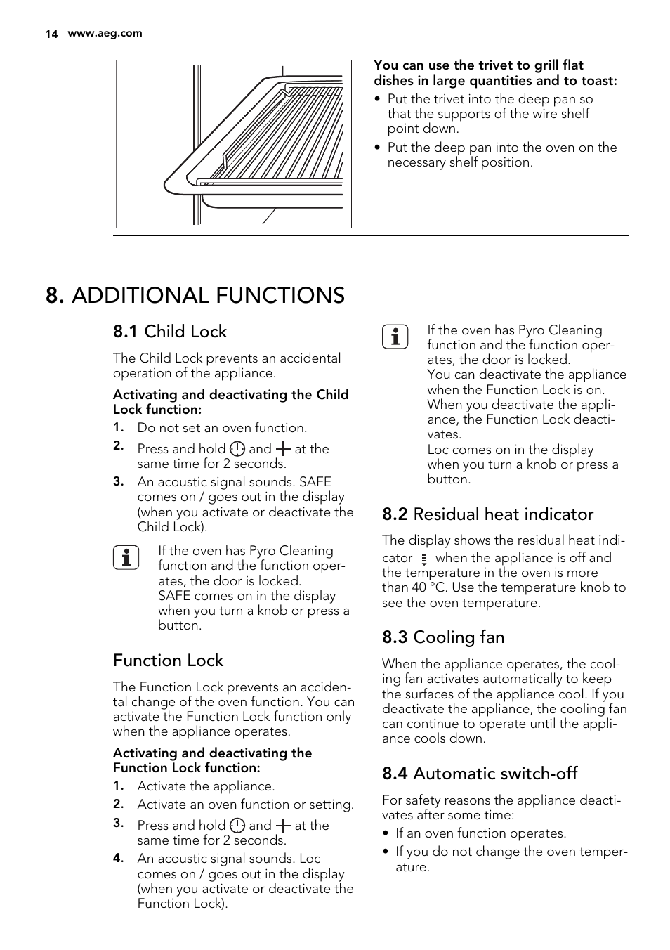 Additional functions, 1 child lock, Function lock | 2 residual heat indicator, 3 cooling fan, 4 automatic switch-off | AEG BE5304001M User Manual | Page 14 / 40