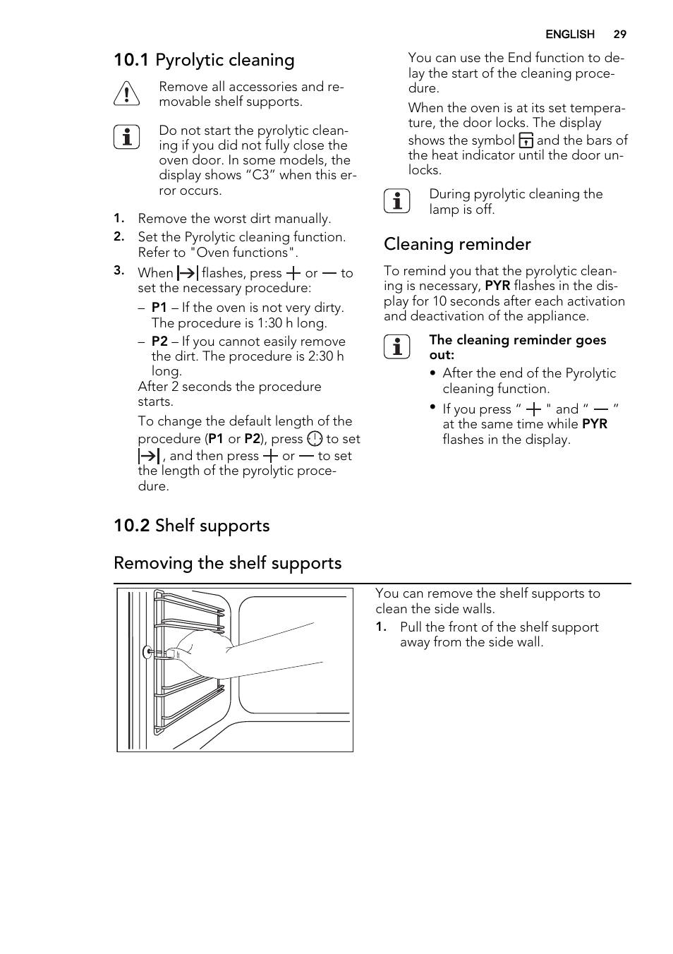 1 pyrolytic cleaning, Cleaning reminder, 2 shelf supports removing the shelf supports | AEG BE5304001M User Manual | Page 29 / 40