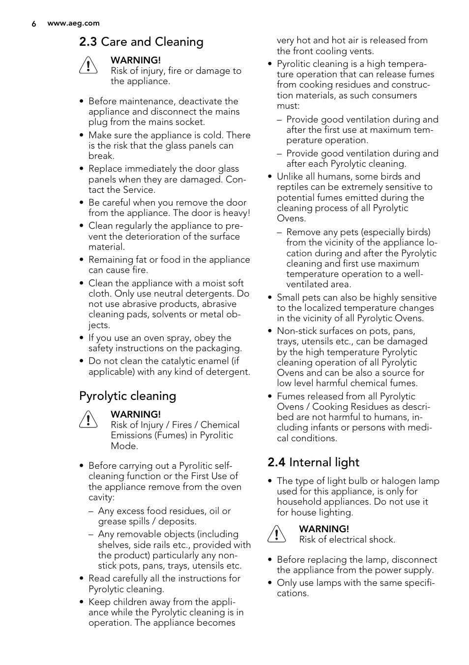 3 care and cleaning, Pyrolytic cleaning, 4 internal light | AEG BE5304001M User Manual | Page 6 / 40