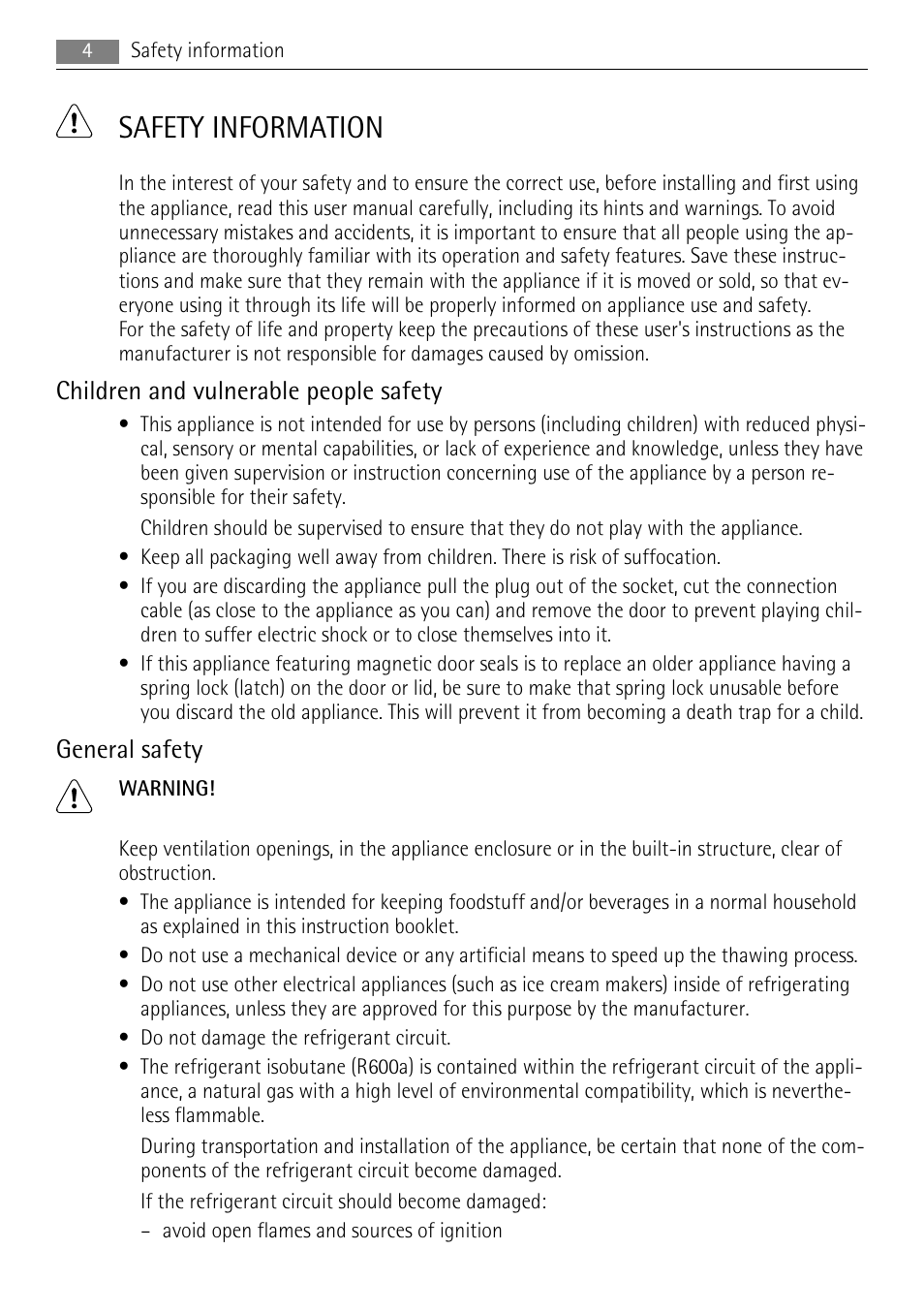 Safety information, Children and vulnerable people safety, General safety | AEG AGS58800S0 User Manual | Page 4 / 20