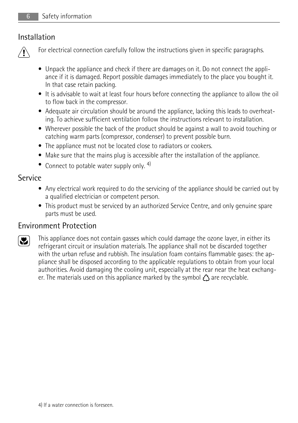 Installation, Service, Environment protection | AEG AGS58800S0 User Manual | Page 6 / 20