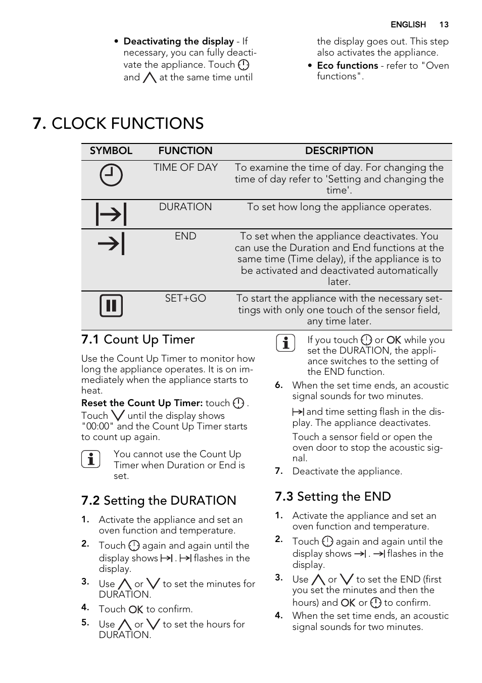 Clock functions, 1 count up timer, 2 setting the duration | 3 setting the end | AEG BY9314001M User Manual | Page 13 / 52