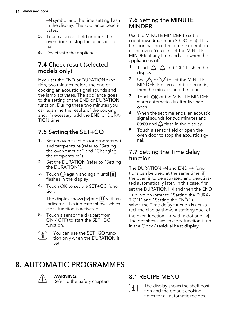 Automatic programmes, 4 check result (selected models only), 5 setting the set+go | 6 setting the minute minder, 7 setting the time delay function, 1 recipe menu | AEG BY9314001M User Manual | Page 14 / 52