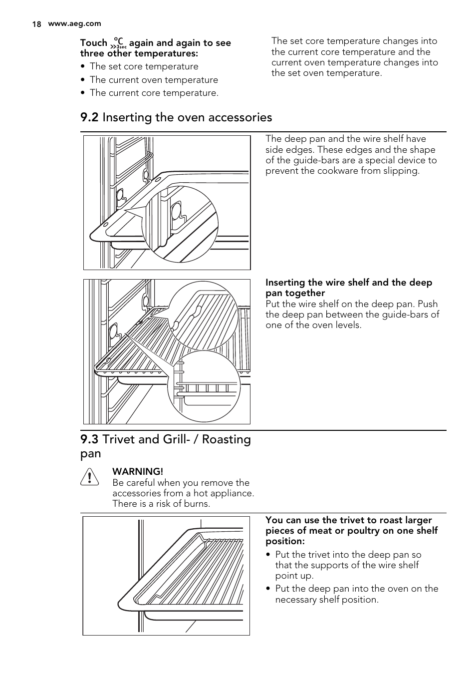 2 inserting the oven accessories, 3 trivet and grill- / roasting pan | AEG BY9314001M User Manual | Page 18 / 52