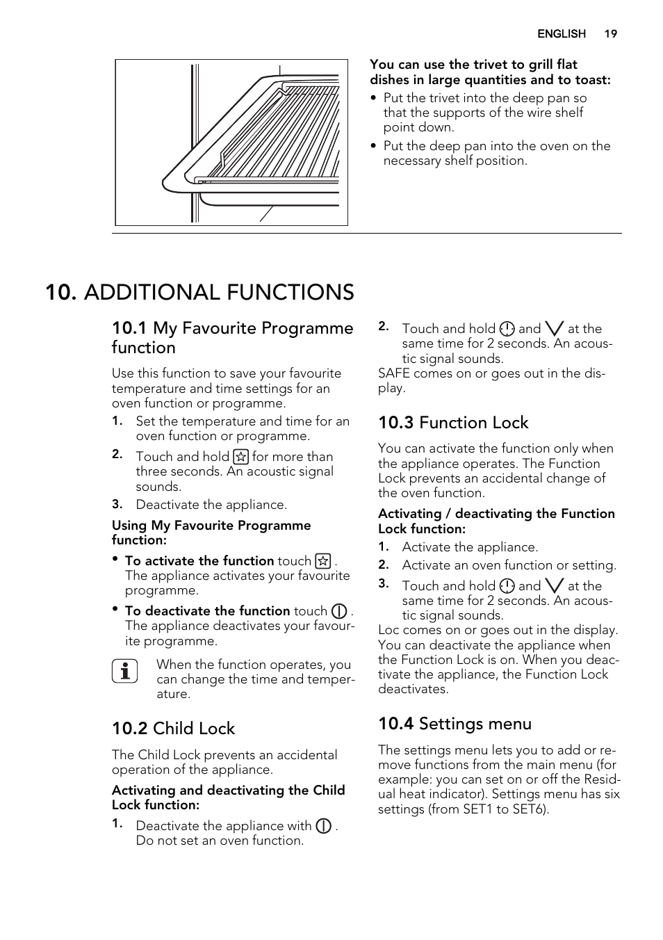 Additional functions, 1 my favourite programme function, 2 child lock | 3 function lock, 4 settings menu | AEG BY9314001M User Manual | Page 19 / 52