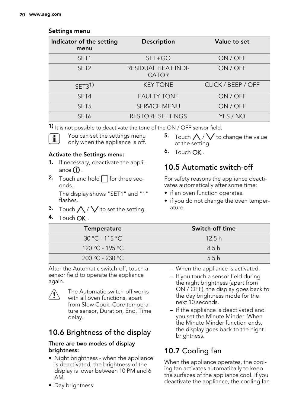 5 automatic switch-off, 6 brightness of the display, 7 cooling fan | AEG BY9314001M User Manual | Page 20 / 52