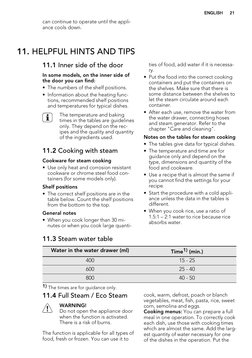 Helpful hints and tips, 1 inner side of the door, 2 cooking with steam | 3 steam water table, 4 full steam / eco steam | AEG BY9314001M User Manual | Page 21 / 52