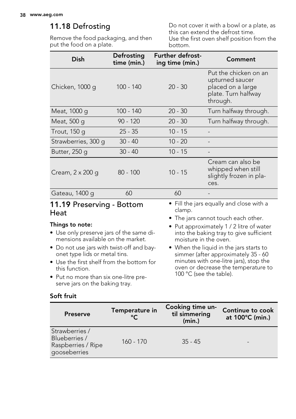 18 defrosting, 19 preserving - bottom heat | AEG BY9314001M User Manual | Page 38 / 52